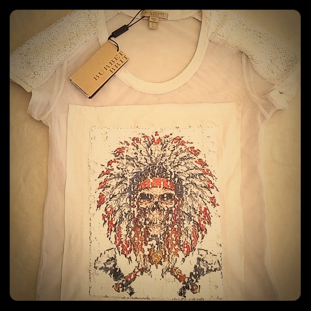 NWT Burberry Brit Indian skull sequined & mesh tshirt